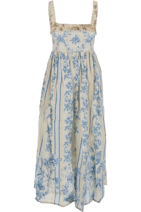 Agua by Agua Bendita Dresses for Women Agua by Agua Bendita 'barbara' Blue Long Dress With All-over Floral Embroidery In Linen Woman