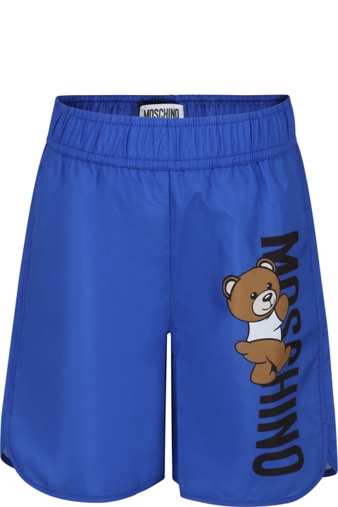 ボーイズのセール Moschino Blue Swim Shorts For Boy With Teddy Bear And Logo
