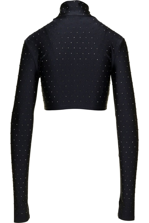 Black Long Sleeve Turteneck Top With All-over Rhinestone In Stretch Polyamide Woman
