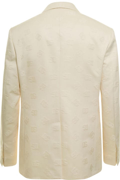 Beige Single-breasted Blaze With Jacquard Logo All-over In Cotton Man