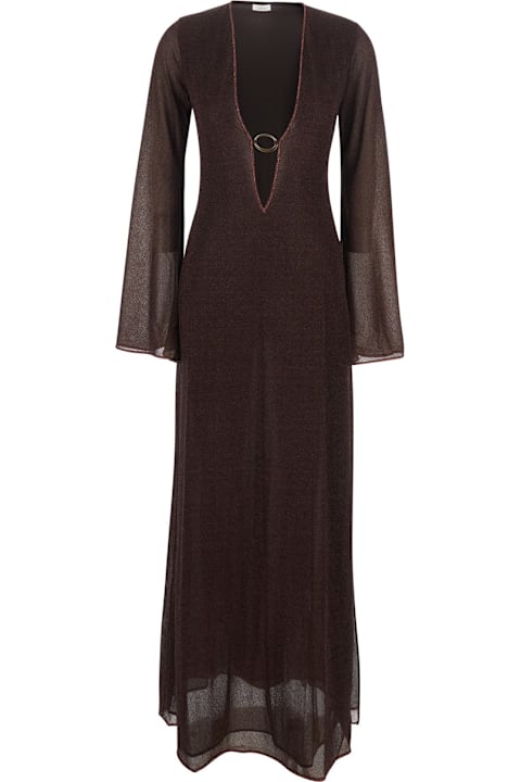 Homeware Oseree Brown Caftan With Deep V-neck And Semi-trasparent Design In Fabric Woman