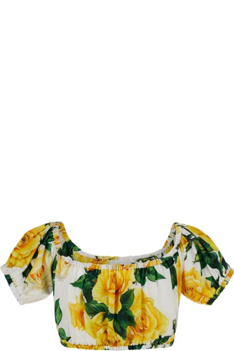 Yellow Crop Top With All-over Flower Print In Cotton Woman