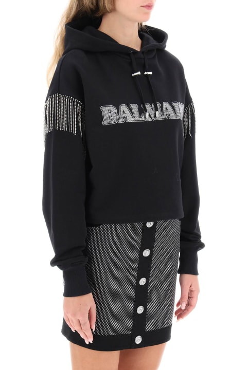 Fleeces & Tracksuits for Women Balmain Cropped Hoodie With Rhinestone-studded Logo And Crystal Cupchains