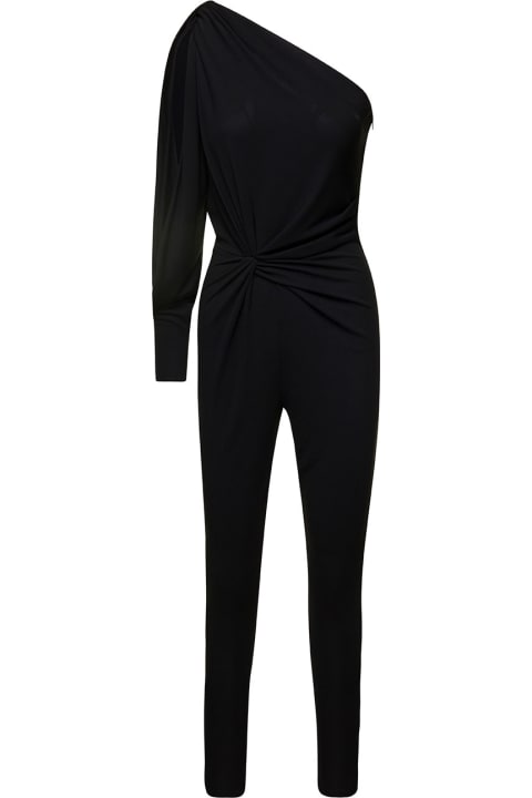 Black One-shoulder Jumpsuit With Side Gathering In Jersey Woman