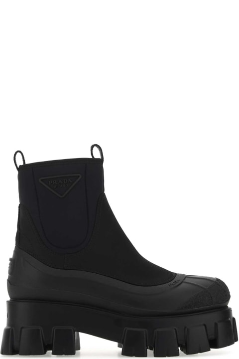 Boots for Women Prada Black Fabric And Re-nylon Monolith Ankle Boots