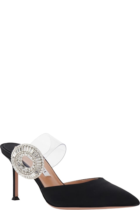 Aquazzura for Kids Aquazzura Black Slingback Mules With Crystal Embellishment And Transparent Strap In Suede Woman