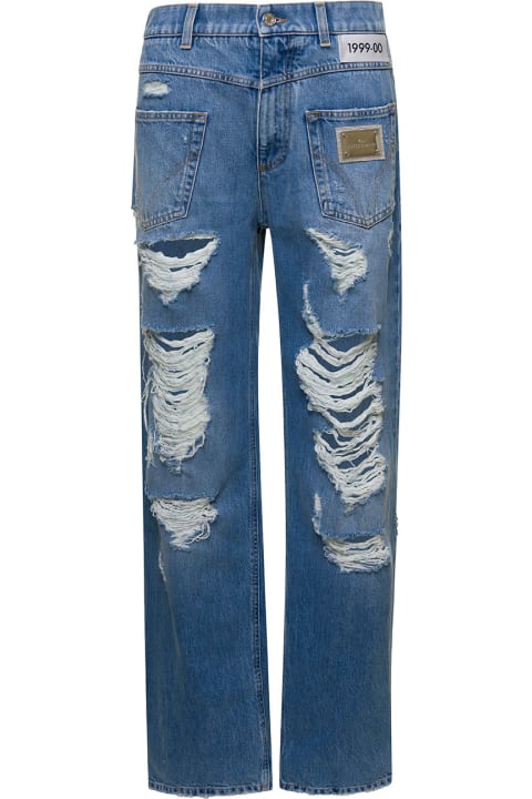 Blue Denim Distressed Straight Leg Jeans With Logo Placque In Cotton Woman