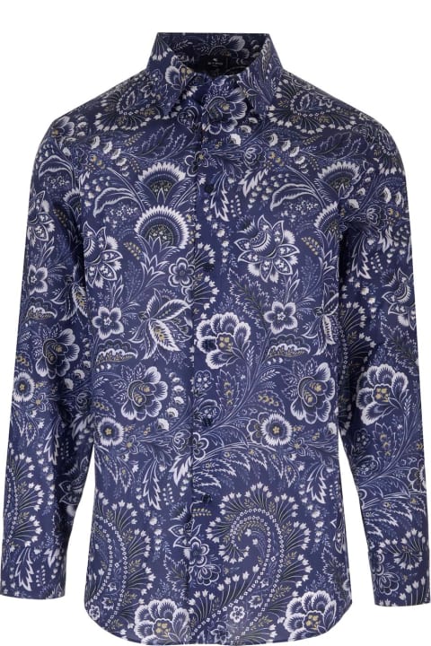 Etro Men Etro Blue Cotton Shirt With Paisley Floral Pattern