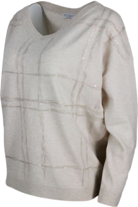 ウィメンズ Brunello Cucinelliのウェア Brunello Cucinelli V-neck Long-sleeved Oversized Sweater With Window Motif Embellished With Micro-sequins