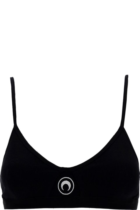 Underwear & Nightwear for Women Marine Serre Black Top With Crescent Moon Embroidery In Ribbed Cotton Woman