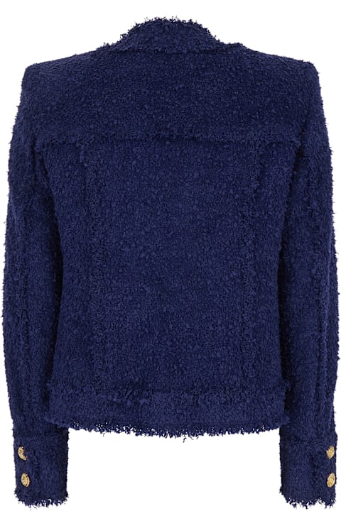 Balmain Coats & Jackets for Women Balmain Blue Collarless Jacket With Gold Buttons In Tweed Woman