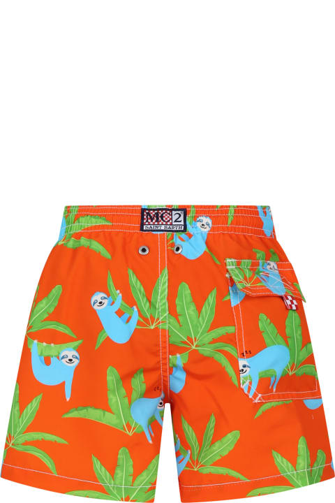 Swimwear for Boys MC2 Saint Barth Orange Swim Shorts For Boy With Sloth Print