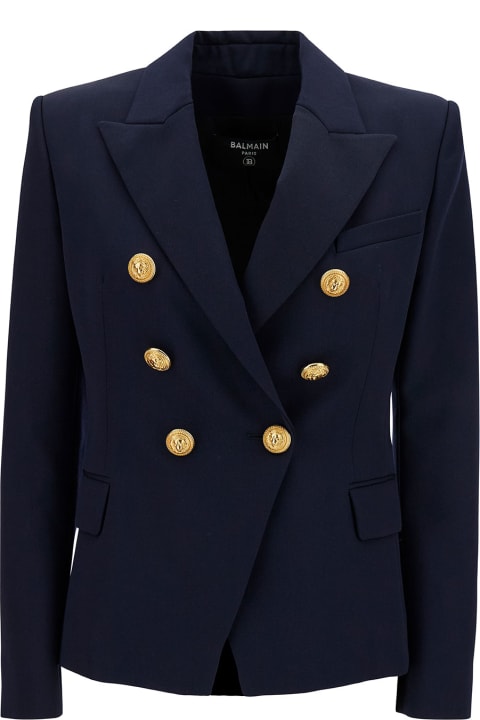 Balmain Clothing for Women Balmain Blue Double-breasted Jacket With Jewel Buttons In Wool Woman
