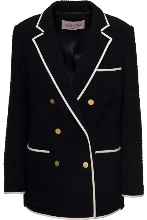 Black Double-breasted Jacket With Contrasting Trim In Tweed Woman