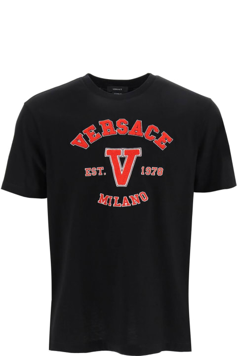Versace Topwear for Men Versace Black T-shirt With Red Embroidered Sponge Logo