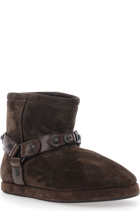 Balenciaga 'alaska' Brown Ankle Boots With Leather Belt And Logo Lettering On The Rear In Suede Woman