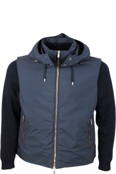 Moorer for Men Moorer Bomber Jacket In A Mix Of Materials With Detachable Hood In Smooth Waterproof Fabric And Padded With Light Down. The Cotton Sleeves Are Detachable
