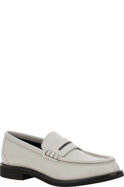 Brunello Cucinelli Flat Shoes for Women Brunello Cucinelli White Loafers With Monil With Chain Detail In Leather Woman