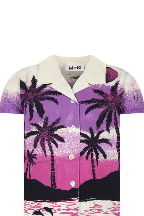 ガールズ Moloのシャツ Molo Purple Shirt For Girl With Palm Tree Print