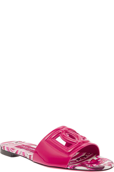 Shoes for Women Dolce & Gabbana Fuchsia Flat Sandals With Dg Logo Cut-out And Maioliche Print In Leather Woman