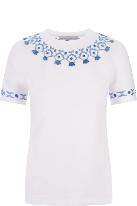 Ermanno Scervino Topwear for Women Ermanno Scervino White T-shirt With Blue Ethnic Embroidery
