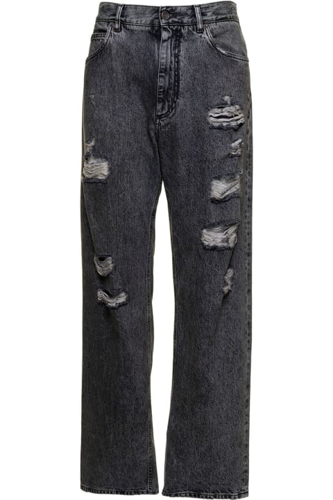 Dolce & Gabbana Man's Oversize Grey Denim Jeans With Ripped Details