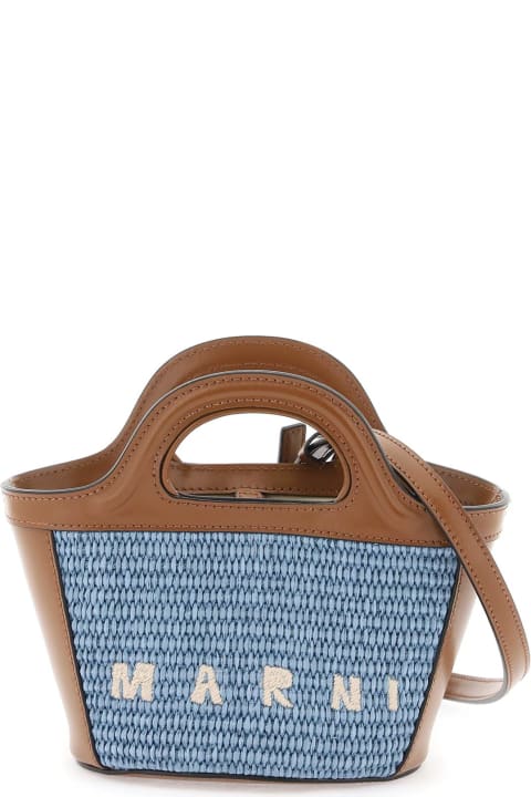 ウィメンズ Marniのバッグ Marni Micro Tropicalia Summer Bag In Brown Leather And Light Blue Raffia