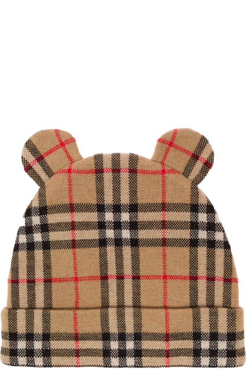 Beige Beanie With Ears And Check Print In Wool Boy
