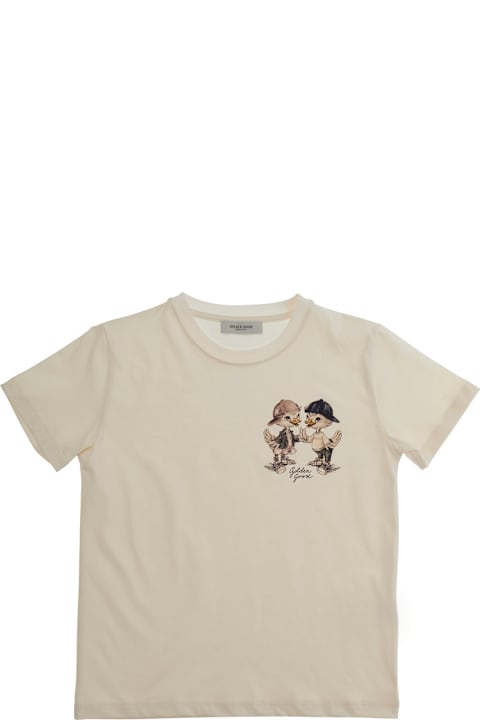 Homeware Golden Goose Crew Neck T-shirt "golden Goose Kids" With Front Print In White Cotton For Kids