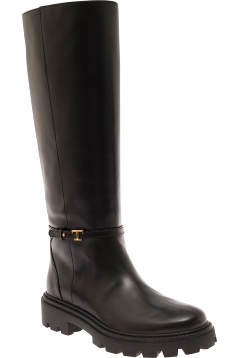 Black Knee Boots With Logo Detail And Chunky Platform In Leather Woman