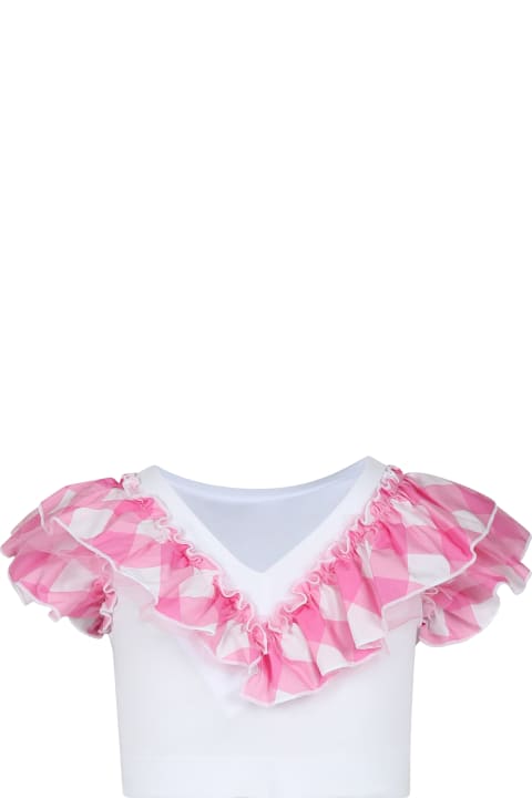 Monnalisa Topwear for Girls Monnalisa White Crop T-shirt For Girl With Vichy Print And Tulle