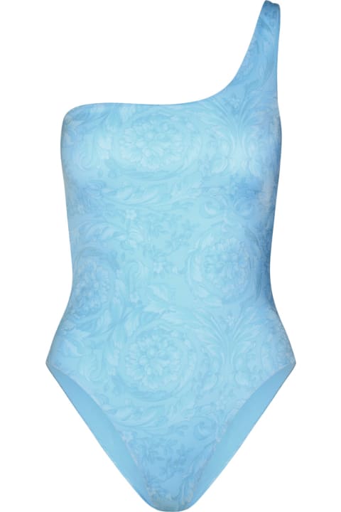 ウィメンズ Versaceの水着 Versace Asymmetric 'barocco' One-piece Swimsuit In Light Blue Polyester Blend