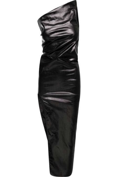 Black Asymmetric One-sholder Dress With Shiny Finish In Cotton Denim Woman