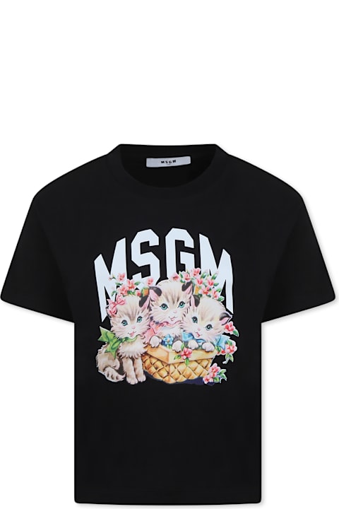 أدوات منزلية MSGM Black T-shirt For Girl With Logo And Cat Print
