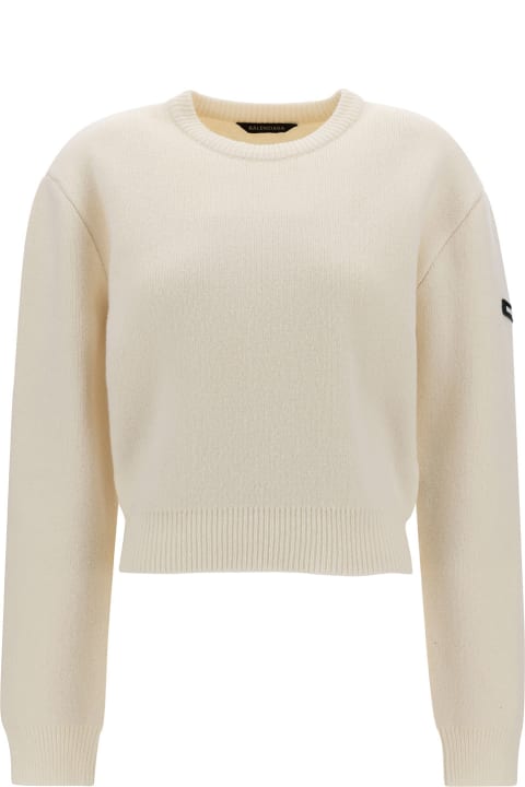 White Cropped Sweater With Logo Patch In Wool Blend Woman