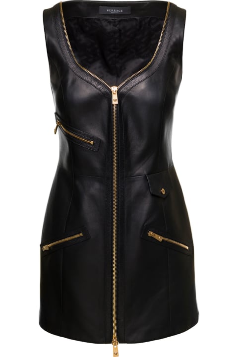 Black Sleeveless Full-zip Mini-dress In Leather Woman