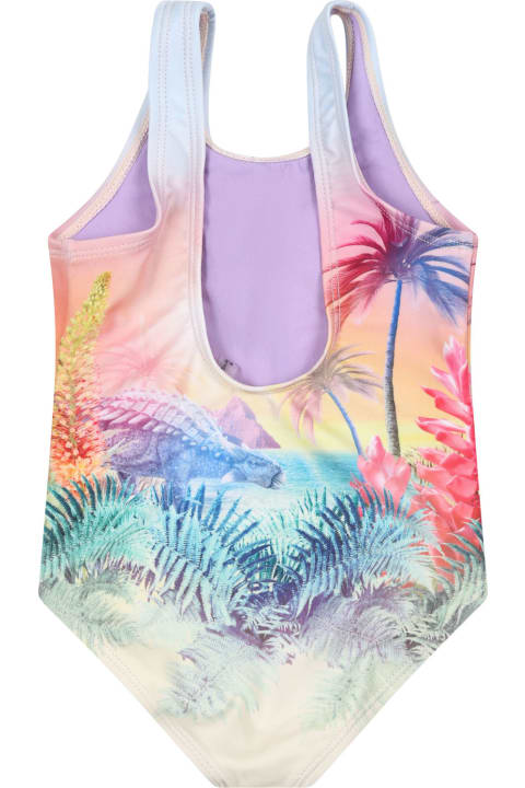 Molo Swimwear for Baby Girls Molo Purple One-piece Swimsuit For Bebe Girl With Dinosaur Print