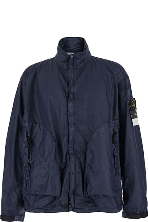 Coats & Jackets for Men Stone Island Blue Jacket With High Collar And Compass Logo Applied On The Sleeve In Tech Fabric Man