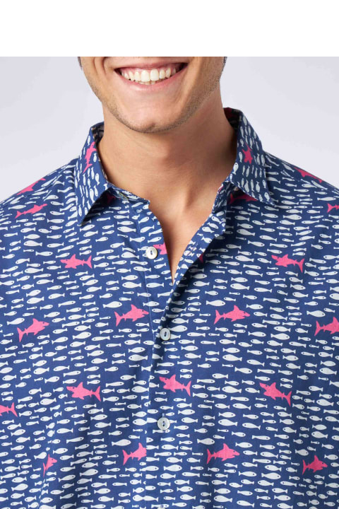 インテリア MC2 Saint Barth Man Muslin Cotton Sikelia Shirt With Fish And Shark Print