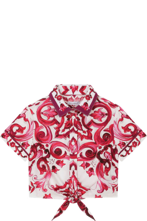 Dolce & Gabbana Topwear for Girls Dolce & Gabbana Poplin Shirt With Short Sleeve And Fuchsia Majolica Print