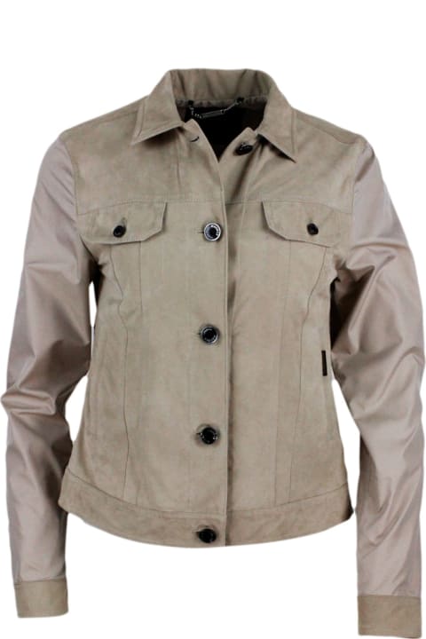 Windproof Lightweight Nylon Jacket With Soft Suede Front With Chest Pockets