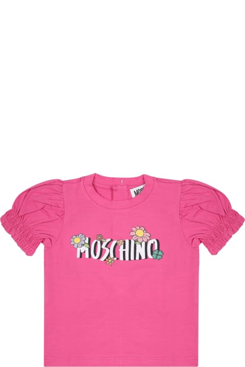 Sale for Baby Girls Moschino Fuchsia T-shirt For Baby Girl With Logo And Flowers