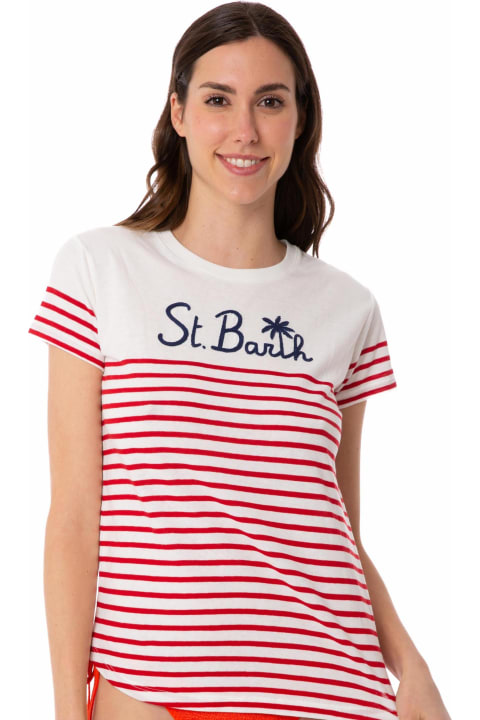 Homeware MC2 Saint Barth Red Striped Cotton T-shirt With St. Barth Embroidery