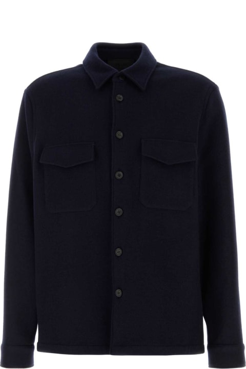 Shirts for Men Prada Midnight Blue Wool Bled Shirt