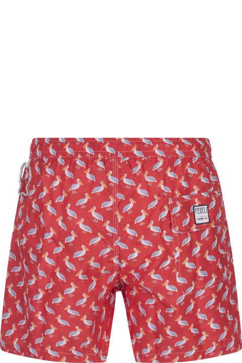 Swimwear for Men Fedeli Red Swim Shorts With Pelican Pattern