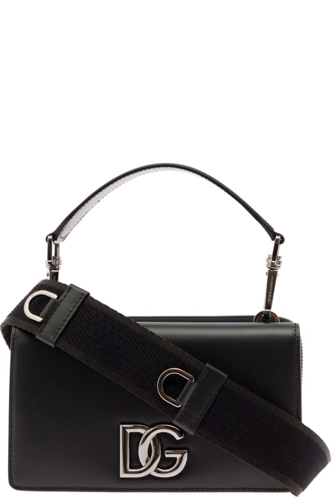 Black Leather Mini Handbag With Shoulder Strap And  Logo Plaque Dolce & Gabbana Man