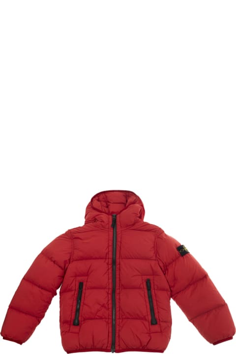 Homeware Stone Island Junior Red Hooded Down Jacket With Logo Patch In Tech Fabric Boy