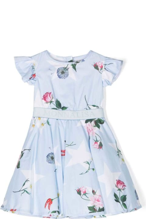 Dresses for Girls Monnalisa Blue Dress With Branded Band And Floreal Print In Cotton Girl