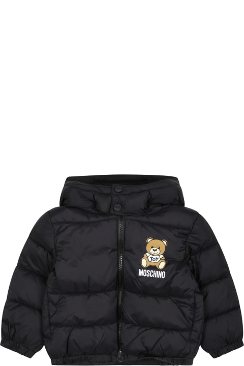 Topwear for Baby Boys Moschino Black Down Jacket For Babies With Teddy Bear And Logo