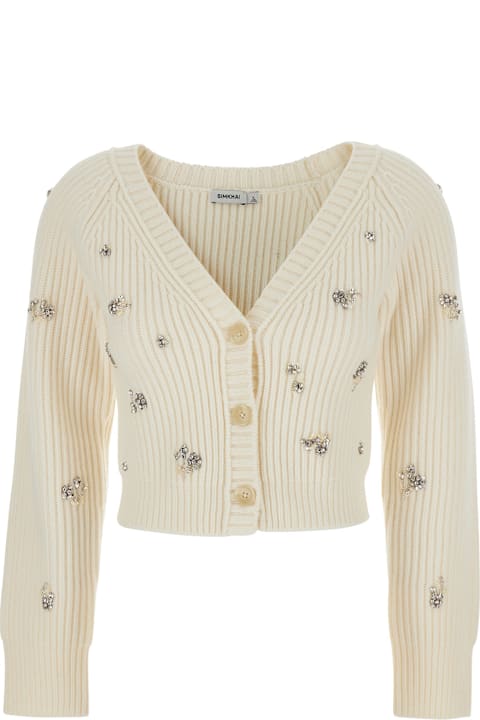 Simkhai for Men Simkhai 'novah' White Cropped Rhinestoned Cardigan With V Neck In Wool And Cashmere Woman